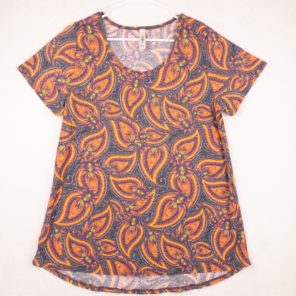 LulaRoe Shirt Women's Large Short Sleeve Scoop Neck Floral Blue Orange Classic T